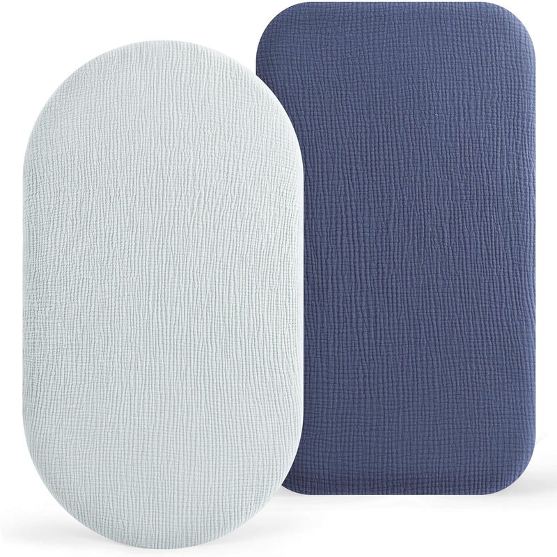 Bearmoss Bassinet Sheets - 2 Pack Muslin Cotton Bassinet Sheets Fits Oval and Rectangle Bassinet Mattress, Breathable and Skin-Friendly for Baby Boy and Girl (Light Blue&Royal Blue) - Image 1